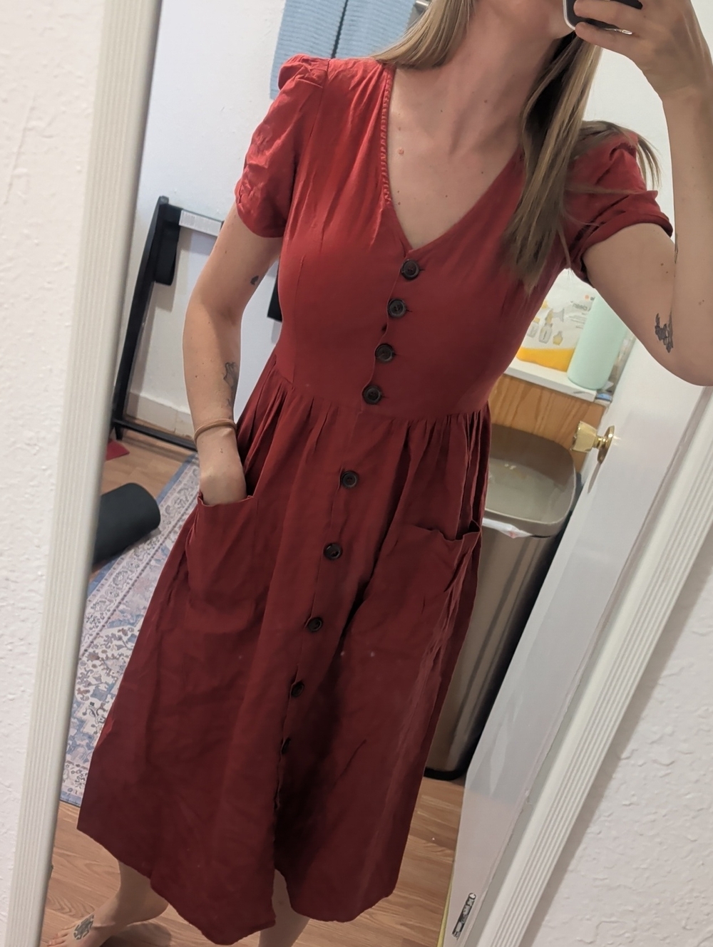 Japna Rust Red Button-Front Midi Dress with Pockets